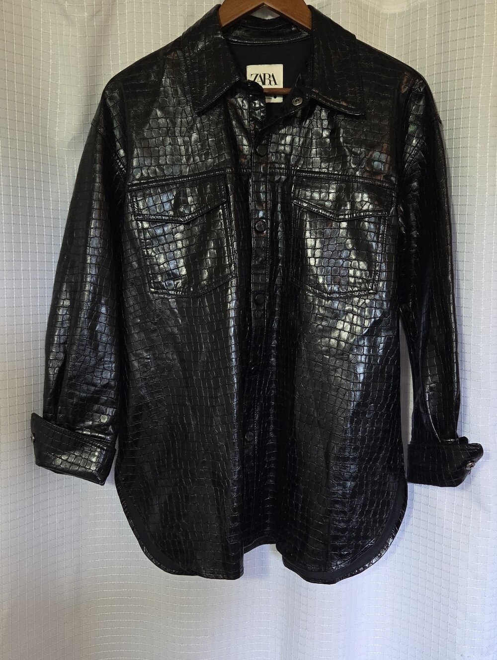 Zara Women’s Black Faux Leather Croc Embossed Jacket Shacket Size S